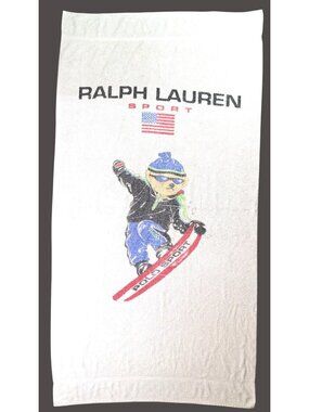 Vintage Ralph Lauren Sport Polo Bear Snowboarding Large Gray Beach Towel 66"x34"
